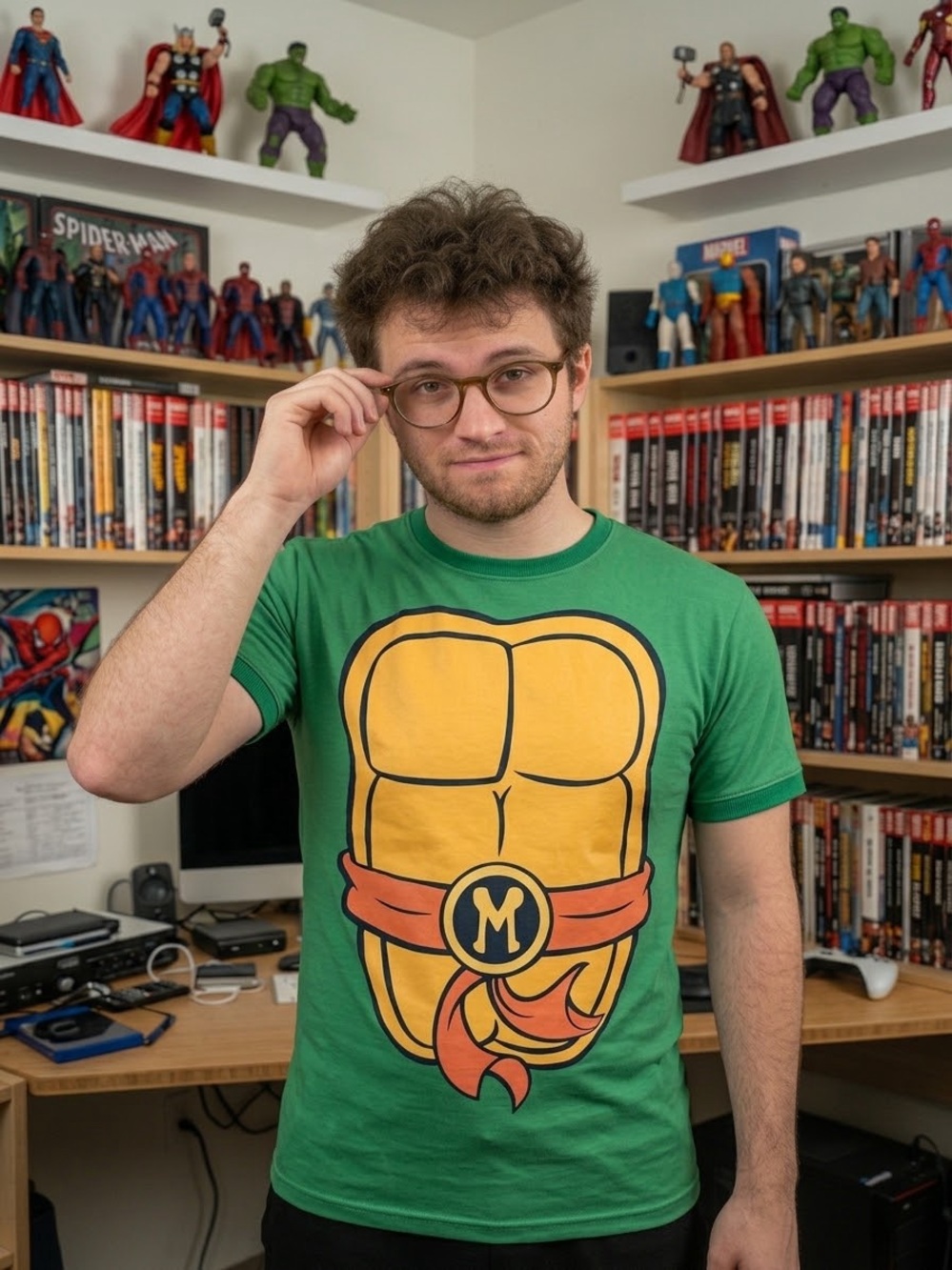 TMNT Michelangelo Costume Shirt Mens M Nickelodeon Graphic Tee Orange Belt